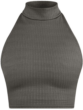 Khaki Soft Rib High Neck Crop Top | Tops | PrettyLittleThing USA