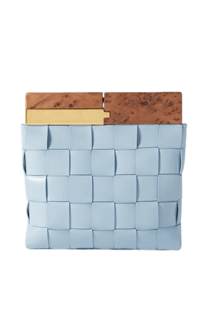 Wood Intrecciato Leather Clutch - Light blue