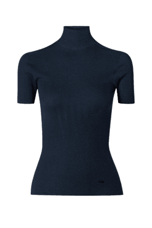 Ribbed Mulberry Silk And Cotton-blend Turtleneck Top - Navy