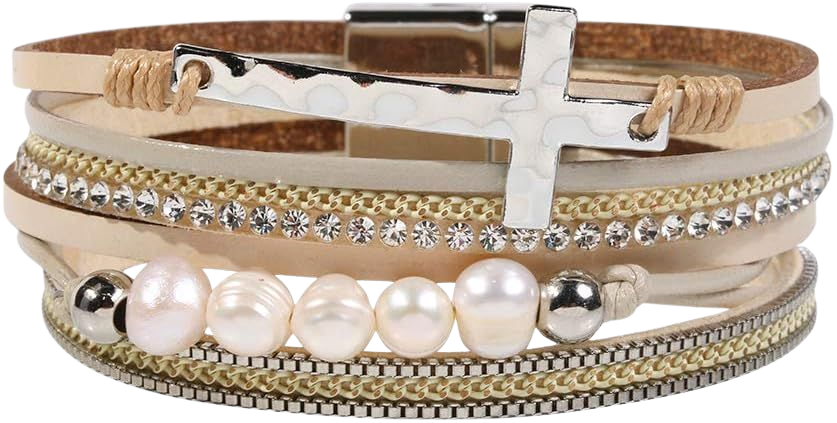 Amazon.com: Vercret Leather Wrap Bracelet for Women - Multi-Layer Bracelets with Pearl Cross Beige Magnetic Clasp Bangle Cuff Stacked Bracelet for lady and Mother: Clothing, Shoes & Jewelry