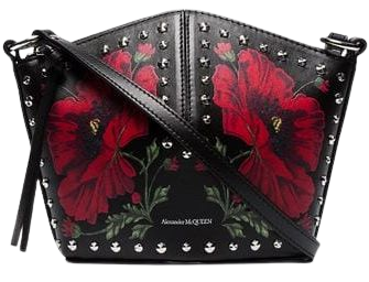 Alexander McQueen black and red floral mini leather bucket bag