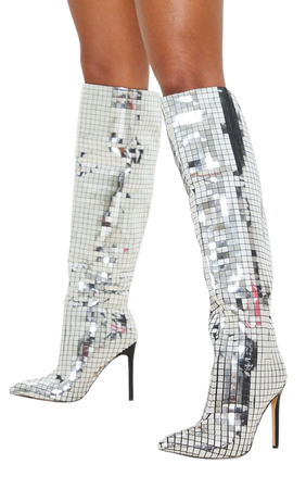 Silver Disco Ball Knee High Boot | Shoes | PrettyLittleThing USA