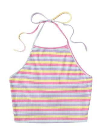 Tie Back Rib-knit Rainbow Striped Halter Top | SHEIN USA pink