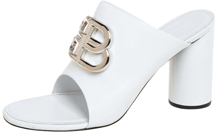 Balenciaga White Leather Oval Logo Slide Sandals Size 38 For Sale at 1stDibs