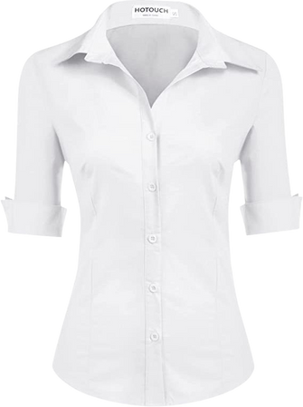 Hotouch Womens Tailored 3/4 Sleeve Basic Button Down Shirt with Stretch Fitted Blouse (White M) at Amazon Women’s Clothing store