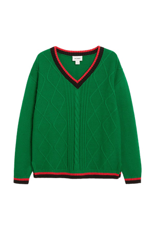 Cable knit sweater - Green with striped details - Jumpers - Monki WW