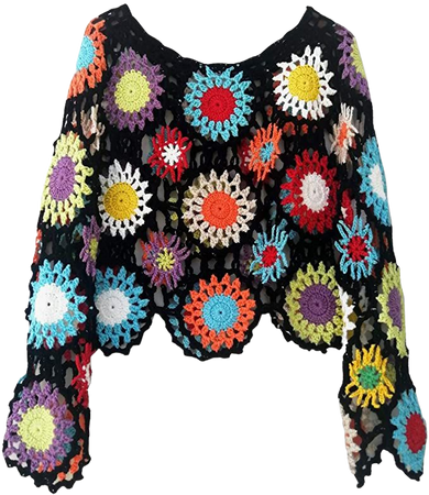 Bohemian Women Plus Crochet Sweater Long Sleeve Boho Floral Blouses Tops Multicolor Clothing (Free, Black Base) at Amazon Women’s Clothing store