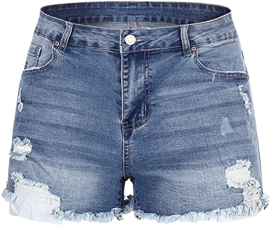 THUNDER STAR Women Mid Rise Ripped Stretchy Jeans Shorts Frayed Raw Hem Casual Denim Shorts at Amazon Women’s Clothing store