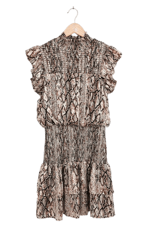 Cream Snake Print Dress - Smocked Mini Dress - Ruffled Dress - Lulus
