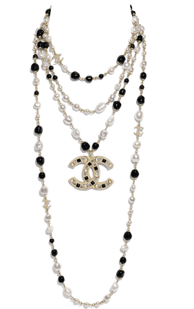Metal, Cultured Fresh Water Pearls, Glass Pearls & Strass Gold, Pearly White, Black & Crystal Long Necklace | CHANEL