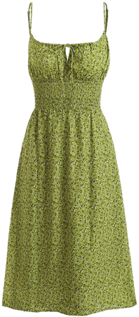 The Drawstring Neckline Floral Midi Dress-Green-S,M,L | RIHOAS – rihoas