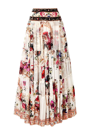 Tiered Crystal-embellished Floral-print Silk-crepon Maxi Skirt - White
