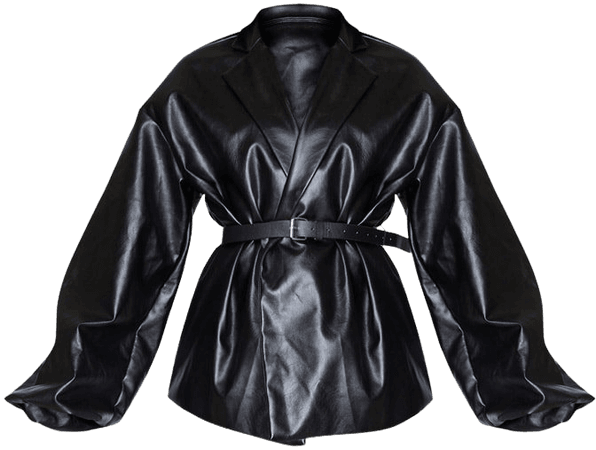 Black Pu Puff Sleeve Belted Blazer | PrettyLittleThing