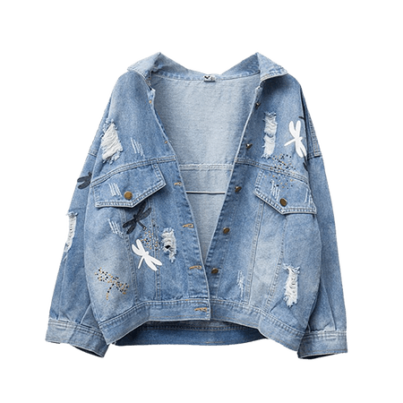 Sokotoo Women's dragonfly crystal ripped jean jacket Plus large size loose holes distressed denim coat Top outerwear|Jackets| - AliExpress