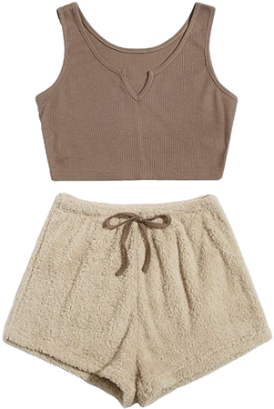 Milumia Women's 2PCS Pajama Crop Tank Top Tie Waist Fluffy Teddy Shorts Lounge Set at Amazon Women’s Clothing store