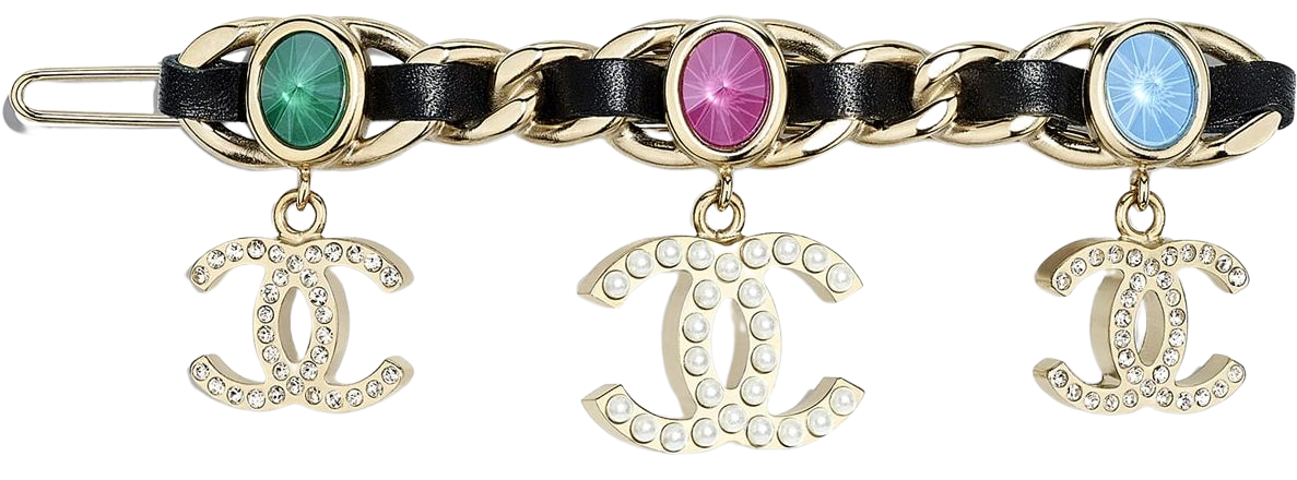 Hair Clip, metal, glass pearls, lambskin & strass, gold, pearly white, black, crystal & multicolor - CHANEL