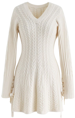Lace Up Cable Knit Skater Dress in Cream - NEW ARRIVALS - Retro, Indie and Unique Fashion