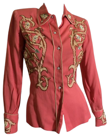 Crystal Trimmed Hand Painted Salmon Pink Gabardine Western Shirt circa – Dorothea's Closet Vintage