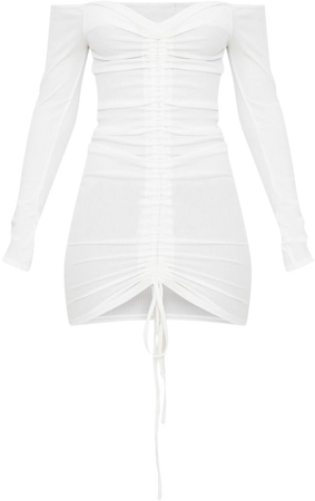 WHITE RIBBED LONG SLEEVE RUCHED BODYCON DRESS