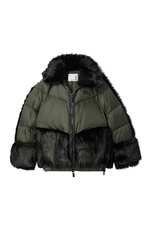 Sacai Nrg Oversized Hooded Faux Fur And Quilted Shell Down Jacket - Army green