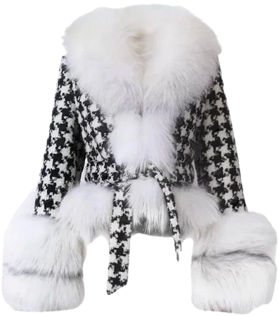 Houndstooth Fox Fur Trim Belted Wool Jacket