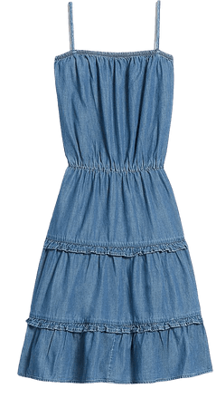Denim Square Neck Tiered Mini Dress | Express