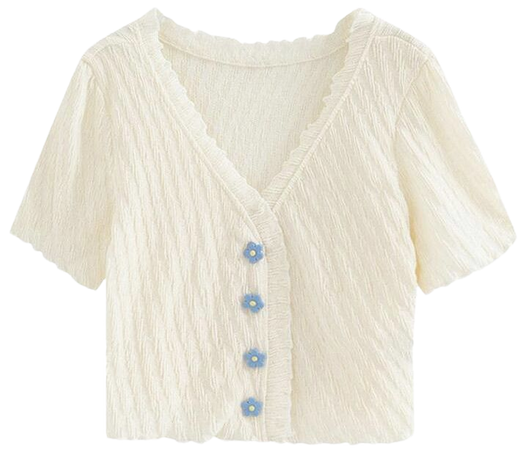 cream cardigan with blue flower buttons