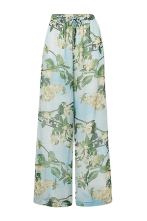 Floral-print Crepon Wide-leg Pants - Mint