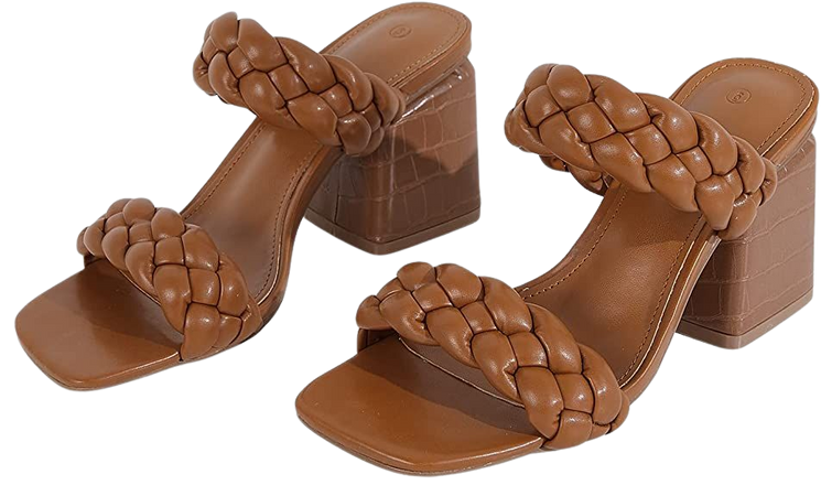 Amazon.com | Mskilder Womens Braided Heeled Sandals Square Toe Backless Slip On Block Heels Summer Dress Slides Sandal Shoes | Heeled Sandals