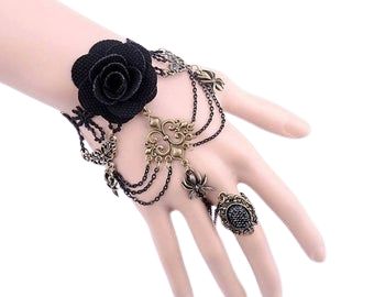 Victorian Gothic Black Rose and Spider Bracelet