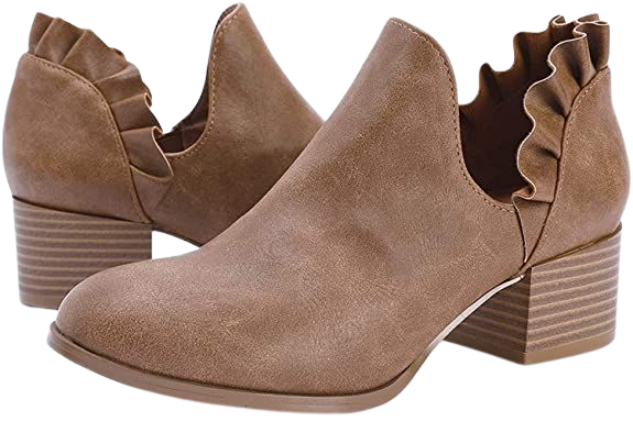 Amazon.com | Fashare Womens Fall Cutout Booties Ankle Heels Low Stacked Ruffle Slip On Dress Short Boots Shoes Tan | Ankle & Bootie