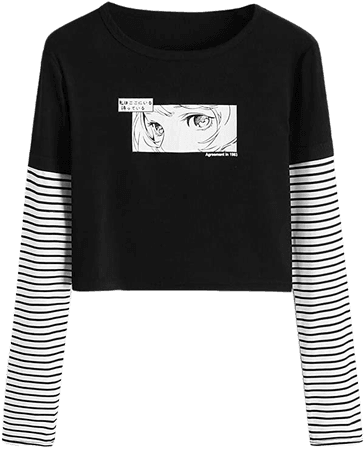 SweatyRocks Women's Color Block Dragon Print Long Sleeve Crop Top T Shirt Black White X-Large at Amazon Women’s Clothing store