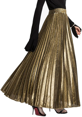 CHARTOU Women's Premium Metallic Shiny Shimmer Accordion Pleated Long Maxi Skirt (Medium, Gold) at Amazon Women’s Clothing store
