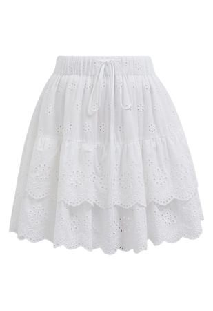 Eyelet Embroidery Tiered Mini Skirt in White - Retro, Indie and Unique Fashion