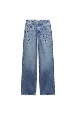 Z1975 FULL LENGTH STRAIGHT CUT JEWEL JEANS WITH A HIGH WAIST - Mid-blue | ZARA United States