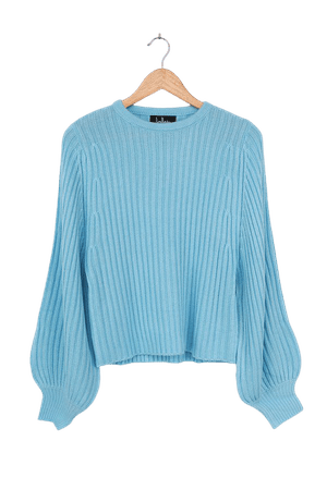 Blue Balloon Sleeve Sweater - Ribbed Knit Sweater - Sweater Top