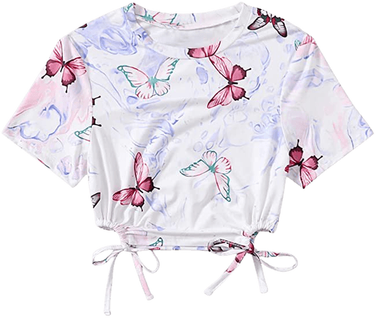 SweatyRocks Women's Casual Short Sleeve Butterfly Print Tie Side Crop Top T Shirt at Amazon Women’s Clothing store