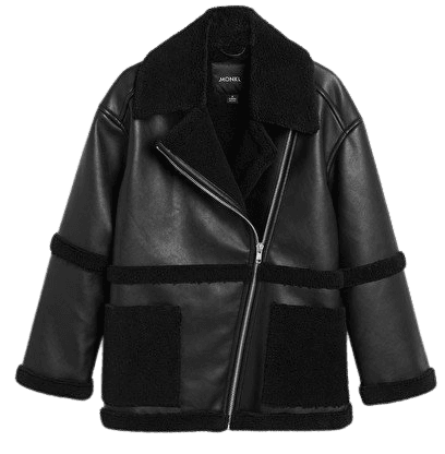Oversized black faux leather aviator jacket - Black dark - Monki WW