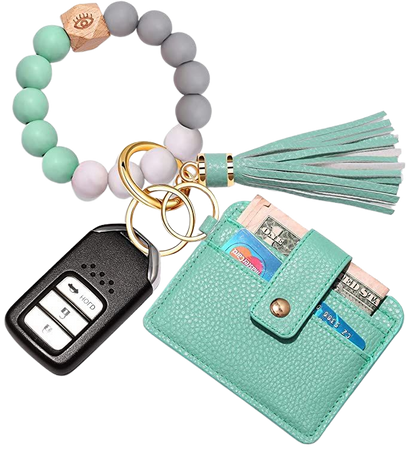 Wristlet Bracelet Keychain Wallet, Silicone Bead House Car Key Ring Pocket Credit Card Holder (MInt Green) at Amazon Women’s Clothing store