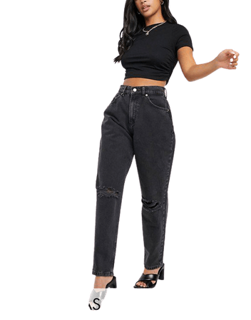 ASOS DESIGN Petite high rise "slouchy" mom jeans in washed black with rips | ASOS