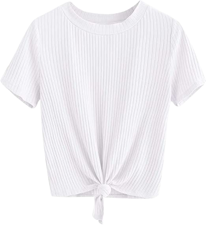 Romwe Women's Cute Knot Front Solid Ribbed Tee Crop Top T-Shirt White S at Amazon Women’s Clothing store