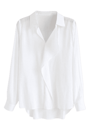 Hi-Lo Hem V-Neck Ruffle Front Shirt in White - NEW ARRIVALS - Retro, Indie and Unique Fashion