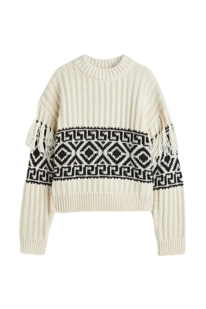 Fringe-trimmed Sweater - Natural white/patterned - Ladies | H&M US