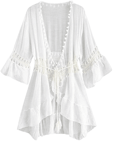ZAFUL Women's Beach Swimsuit Cover Up Sheer Lace Embroidered Kimono Cardigan (E-White, One Size) at Amazon Women’s Clothing store