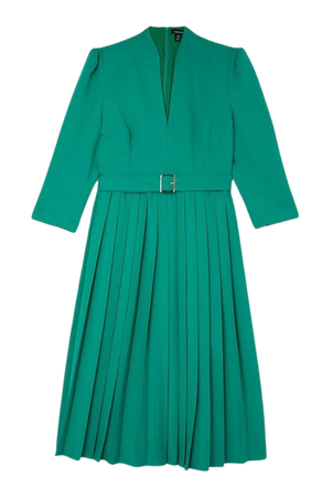 Tailored Structured Crepe High Neck Pleated Midi Dress | Karen Millen