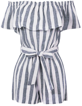 LE3NO Womens Summer Linen Striped Off Shoulder Flounce Ruffle Belted Romper Jumpsuit | LE3NO white