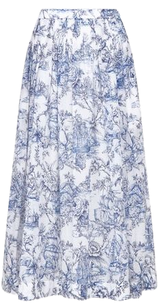 Flared Mid-Length Skirt Blue and White Cotton Voile with Toile de Jouy Vessel Motif | DIOR