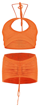 Orange Fine Knit Ruched Front Skirt & Top Set | PrettyLittleThing USA