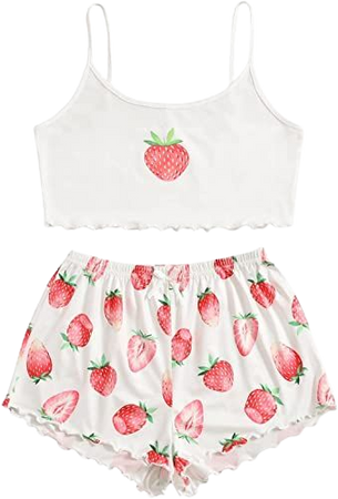 SweatyRocks Women's Summer Strawberry Print Cami Top and Shorts Sleepwear Pajamas Set at Amazon Women’s Clothing store