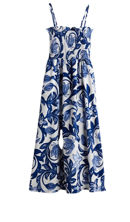 Smocked-bodice Dress - Sleeveless - Knee-length -White/blue floral -Ladies | H&M US